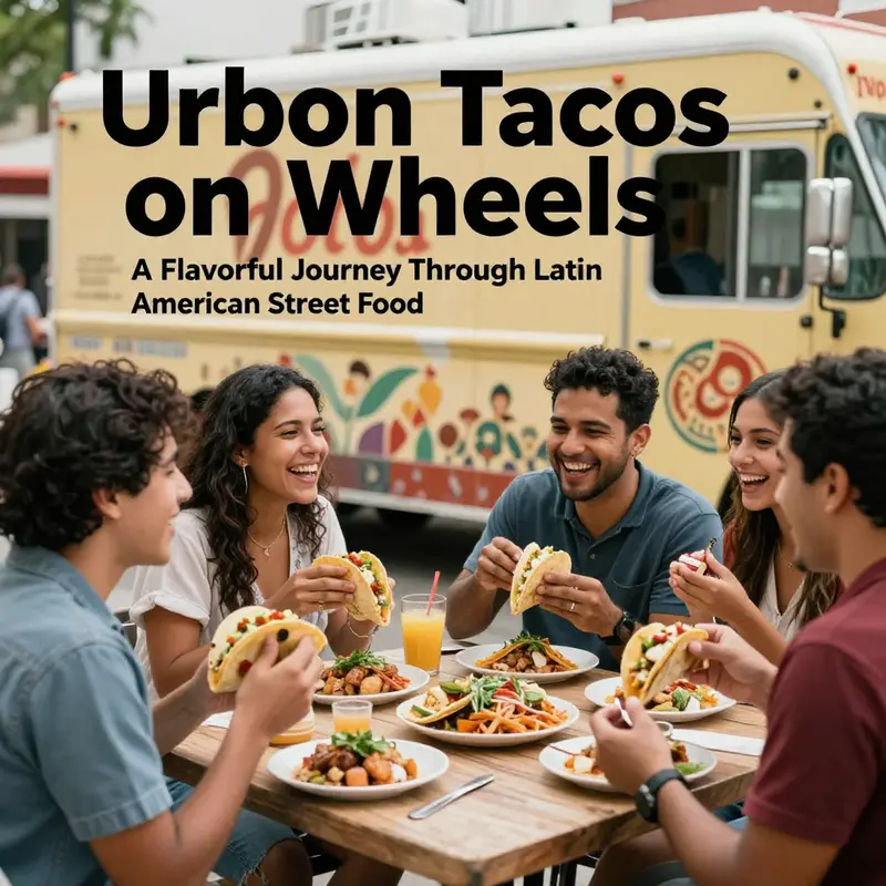 A vibrant food truck showcases its authentic Latin American street tacos to eager customers.