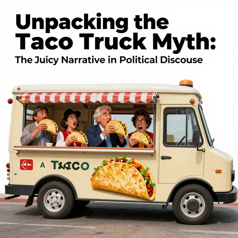 A lively depiction of a taco truck outside a political convention, representing the myth surrounding the DNC and RNC event.