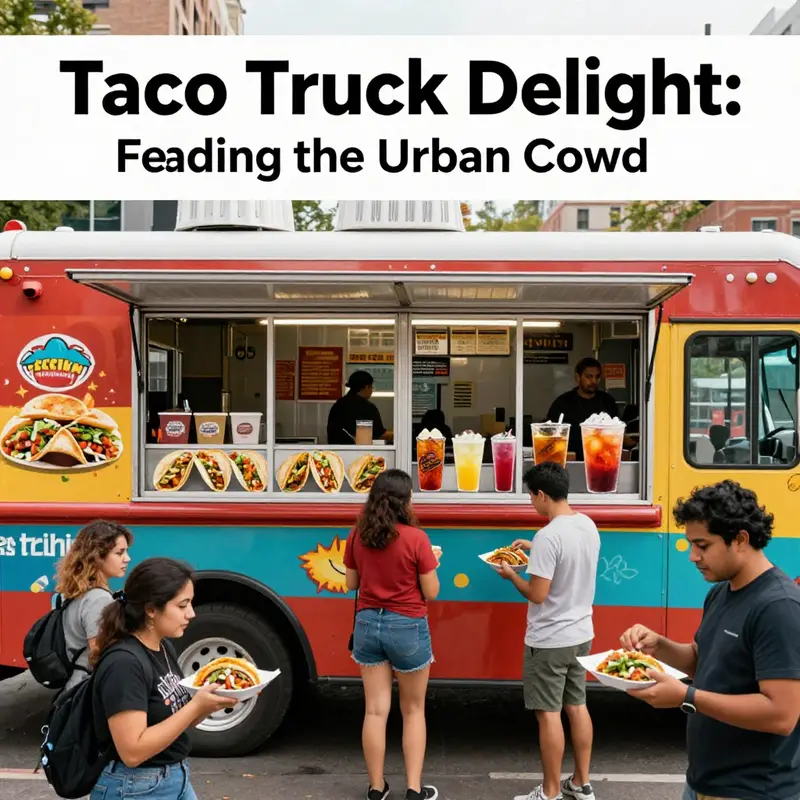 Urban dwellers selecting their favorite tacos and burritos from a vibrant food truck menu.