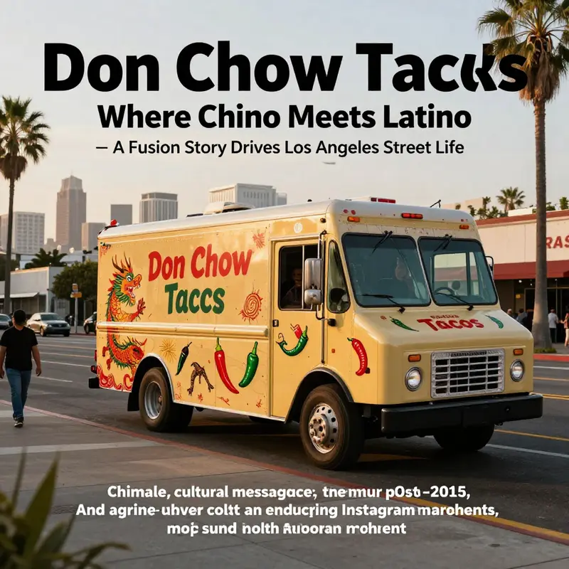 Photo-realistic cover image of a Don Chow Tacos truck in Los Angeles at sunset.