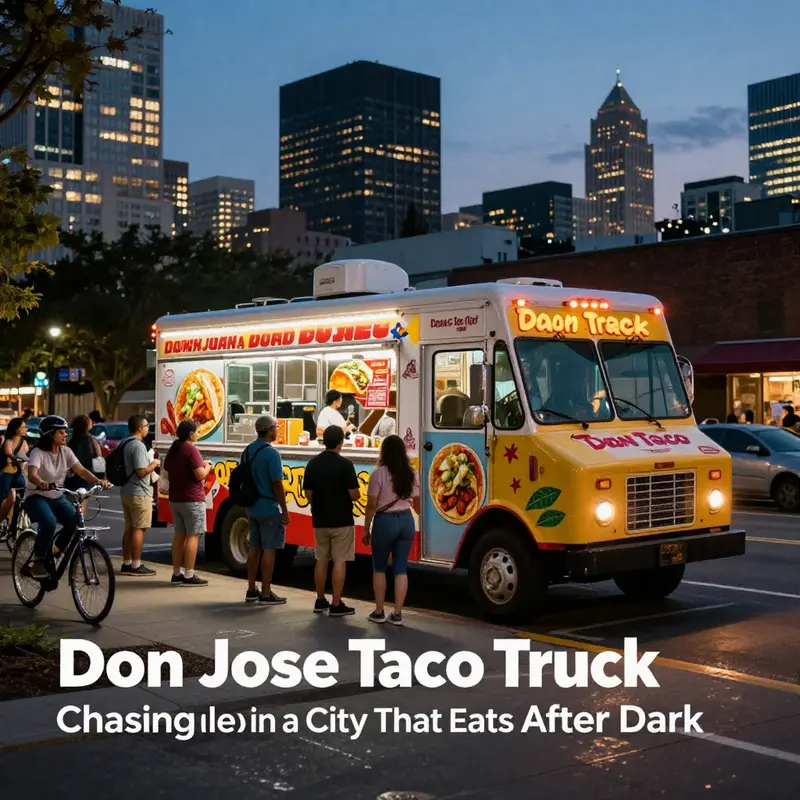 Photo-realistic dusk street scene with Don Jose Taco Truck, people queuing, and city lights.