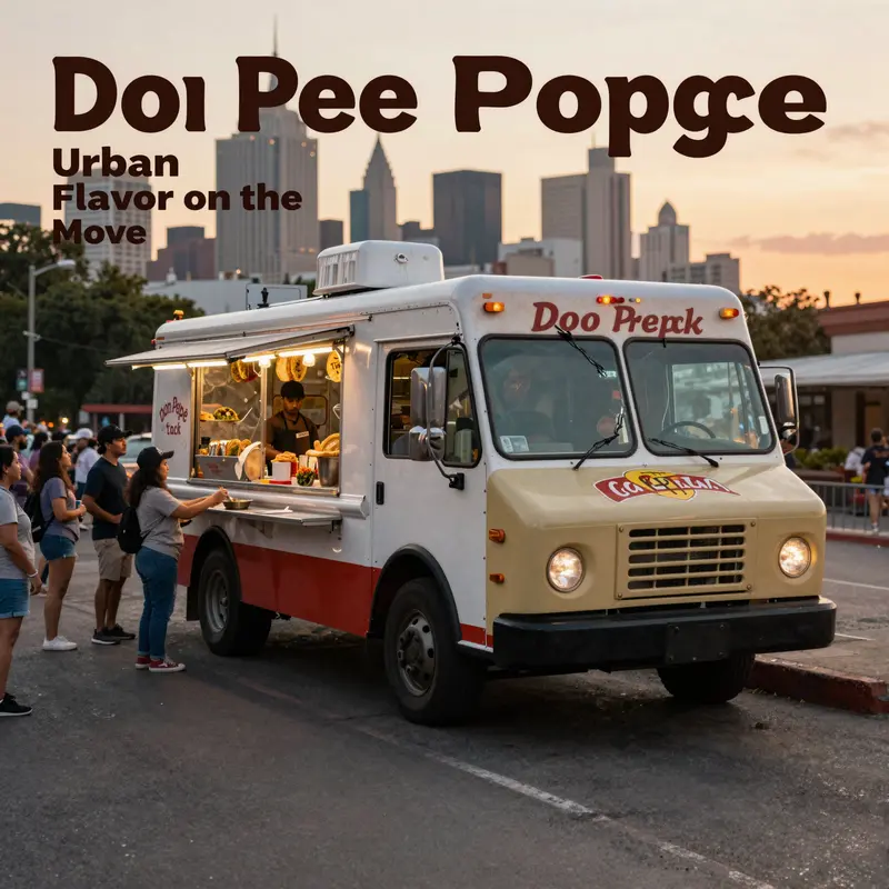Don Pepe Taco Truck at a busy city corner during sunset, with a queue of customers and a skyline in the background.