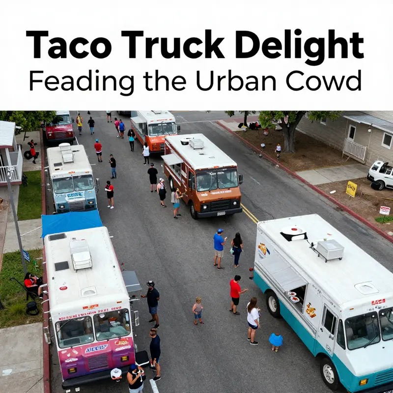 Urban dwellers selecting their favorite tacos and burritos from a vibrant food truck menu.