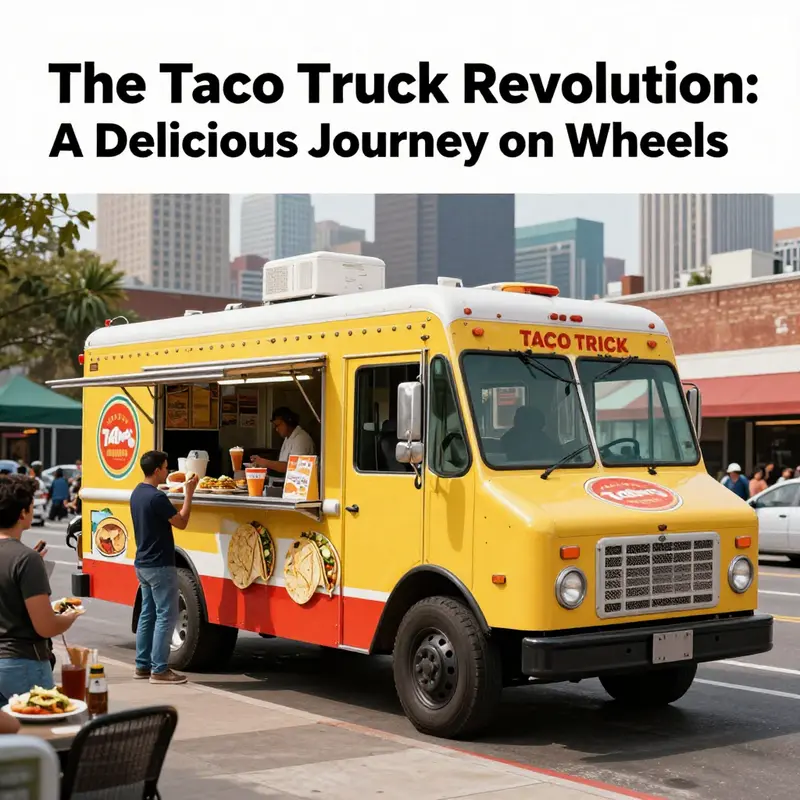 A lively taco truck with customers enjoying food against an urban backdrop.