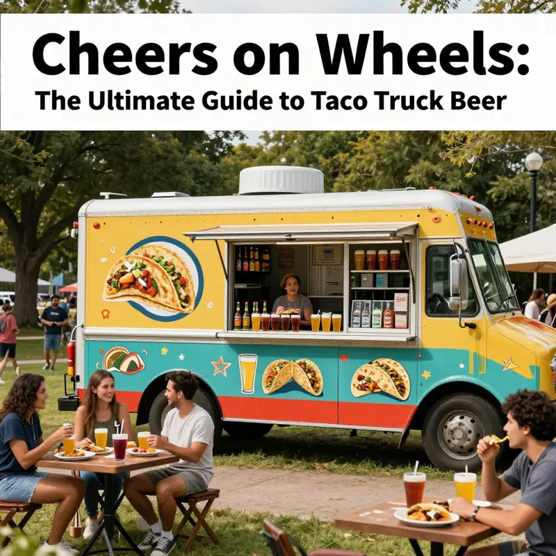 A lively taco truck in a park, with crowds enjoying food, drinks, and a vibrant outdoor atmosphere.