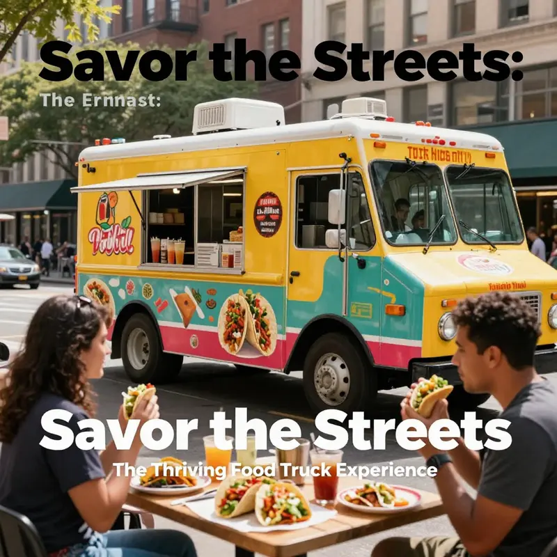A lively street with a food truck serving tacos and burritos, attracting customers in an urban environment.