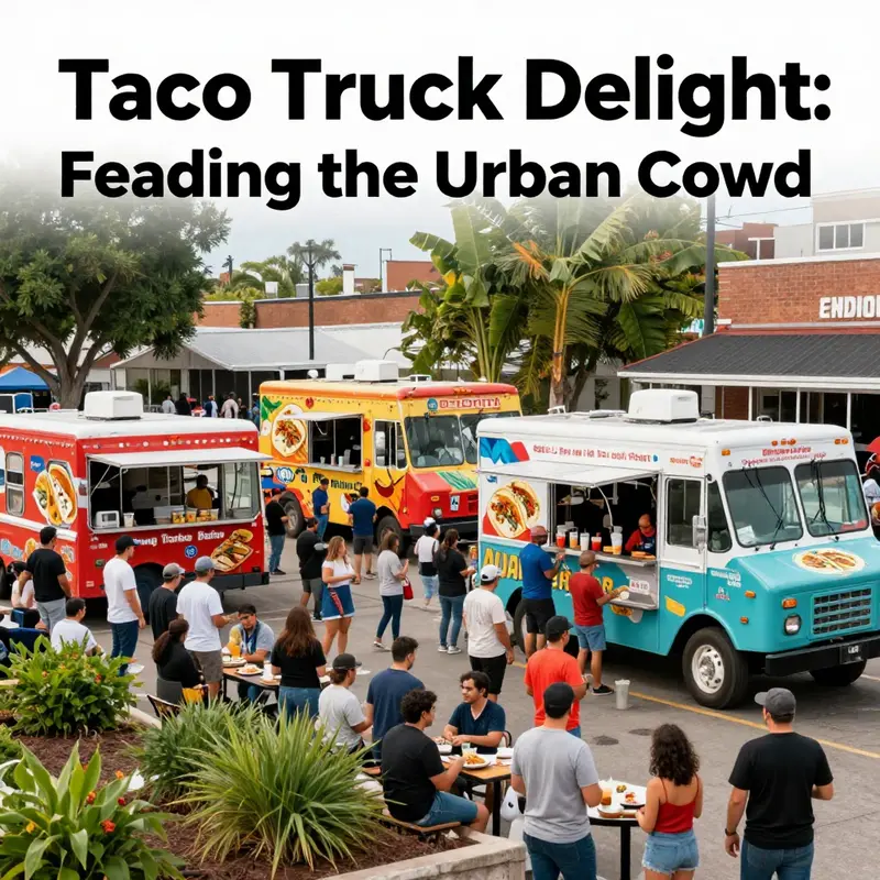 An engaging food truck scene featuring diverse customers enjoying tacos and burritos against an urban backdrop.