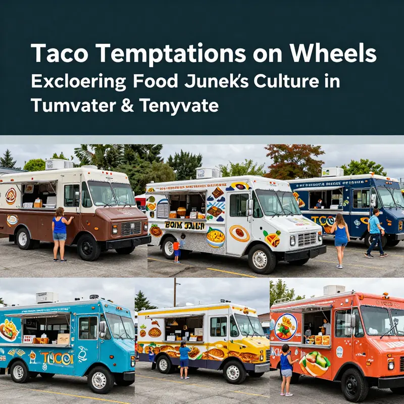 A lively street scene in Tumwater, highlighting the local food truck culture.