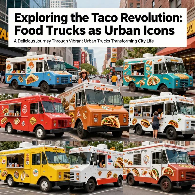 A collage of food trucks with patrons enjoying tacos in a bustling urban environment.