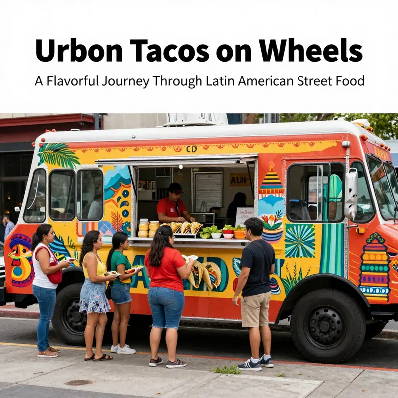 A vibrant food truck showcases its authentic Latin American street tacos to eager customers.