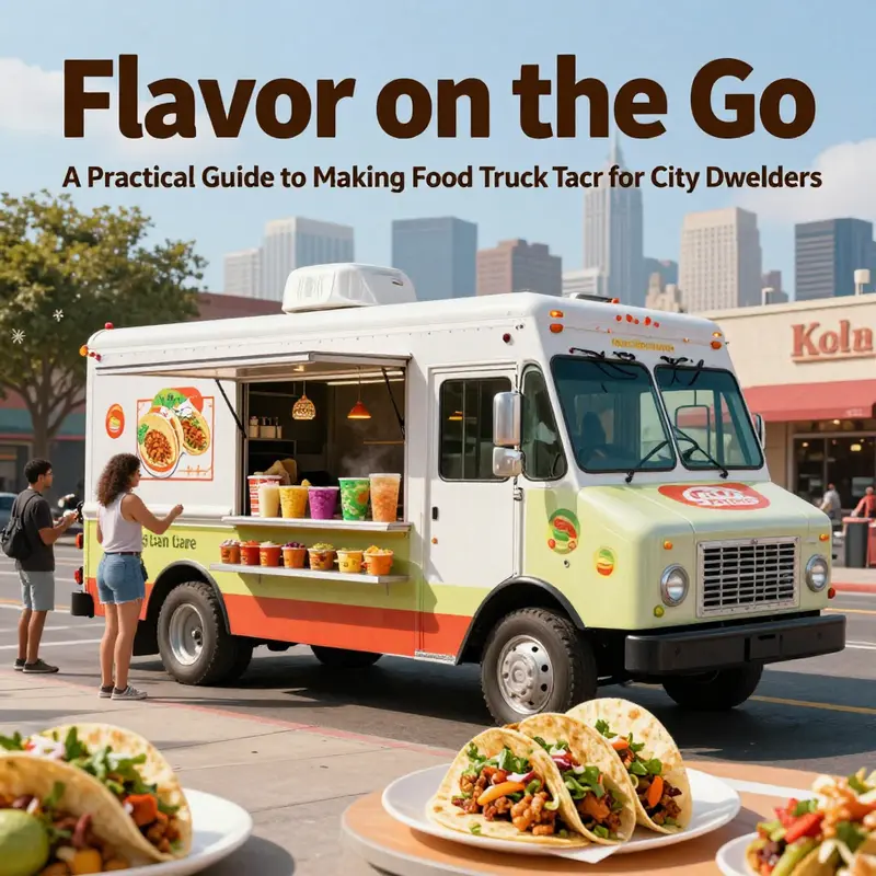 Colorful food truck tacos being prepared at a lively city street food stand.