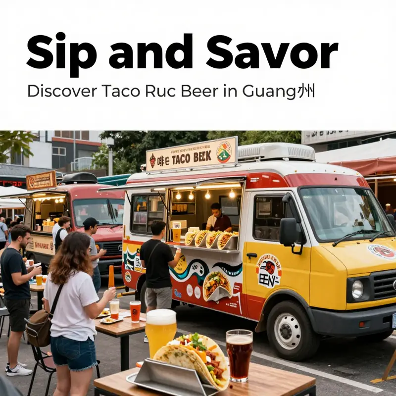 A festival scene featuring multiple food trucks, with customers enjoying tacos and craft beers in a joyful setting.