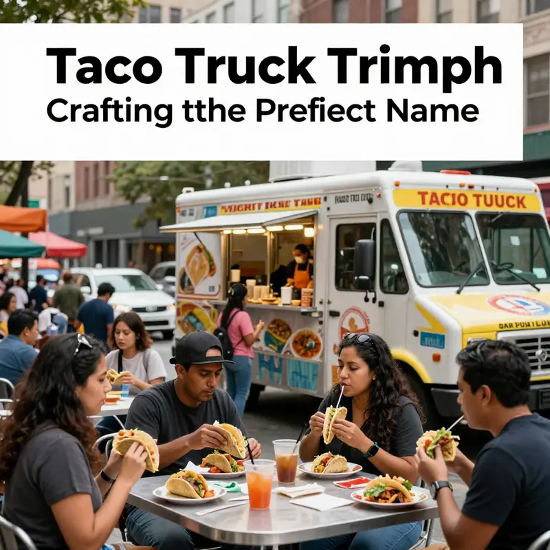 A brightly designed taco truck featuring colorful menu options that reflect creative naming styles.
