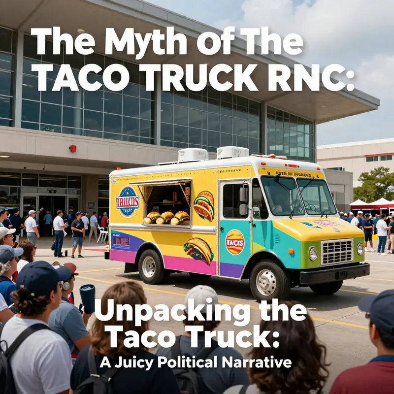 A lively depiction of a taco truck outside a political convention, representing the myth surrounding the DNC and RNC event.
