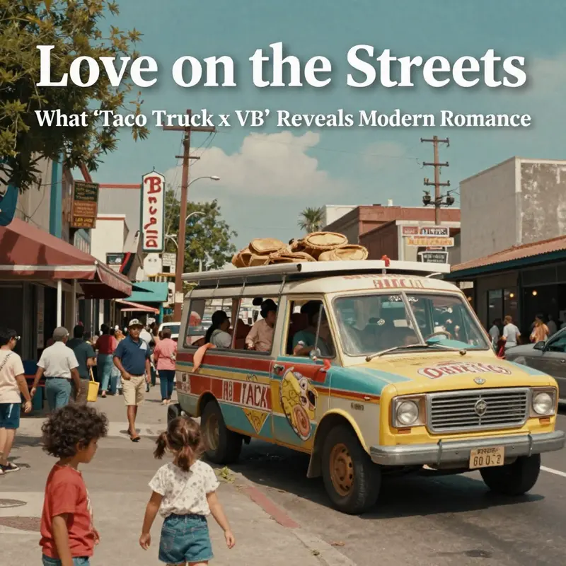 An intimate moment shared near a taco truck, mirroring the song’s exploration of real-life connection.