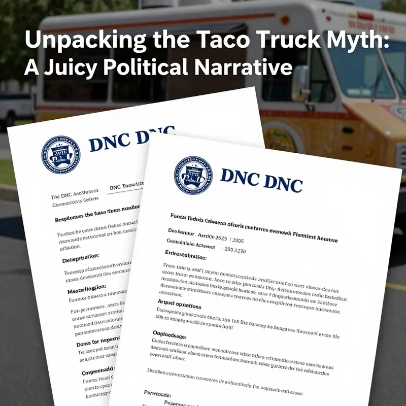 A lively depiction of a taco truck outside a political convention, representing the myth surrounding the DNC and RNC event.