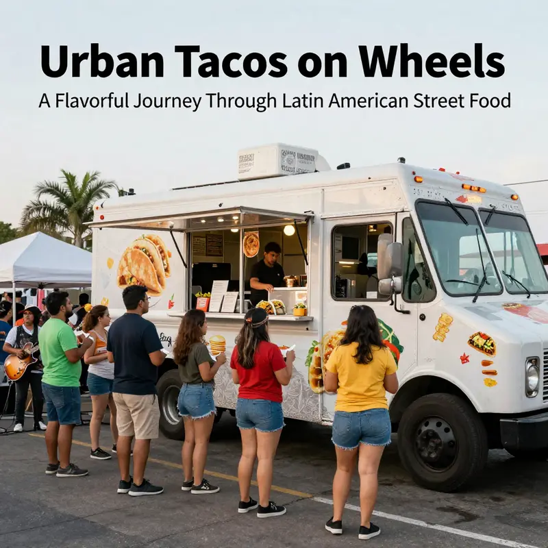 A vibrant food truck showcases its authentic Latin American street tacos to eager customers.