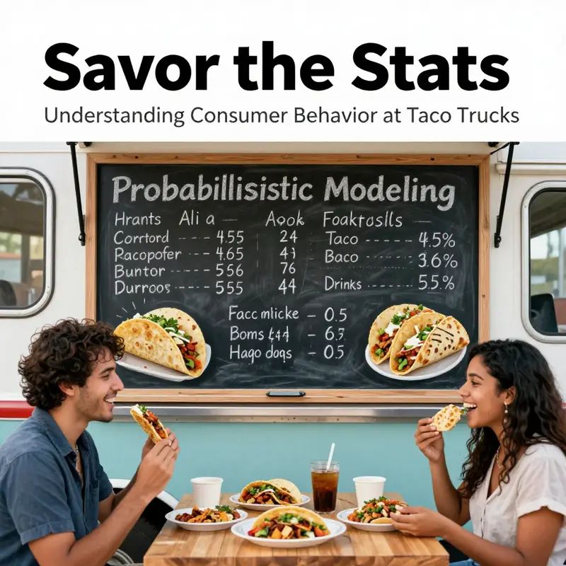 Customers explore options at a vibrant food truck, reflecting the 55% probability of taco or drink interest.