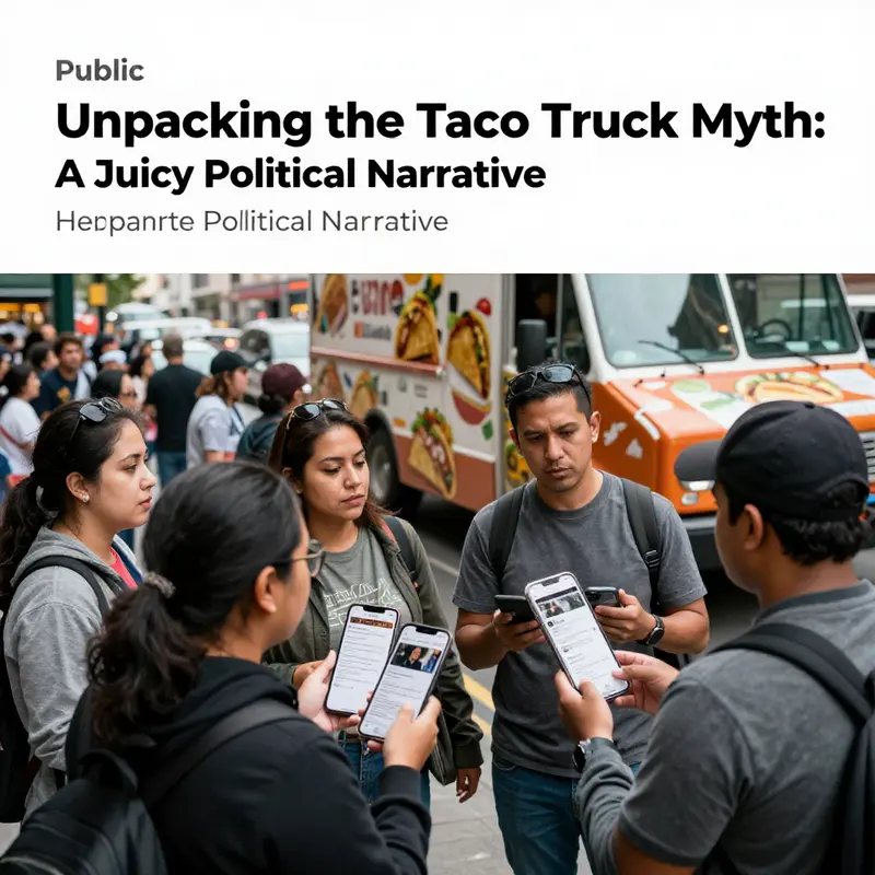 A lively depiction of a taco truck outside a political convention, representing the myth surrounding the DNC and RNC event.