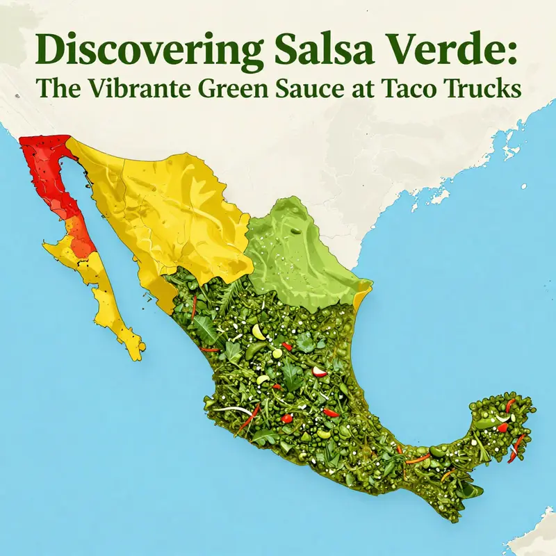 A tantalizing display of vibrant taco truck dishes adorned with fresh salsa verde.