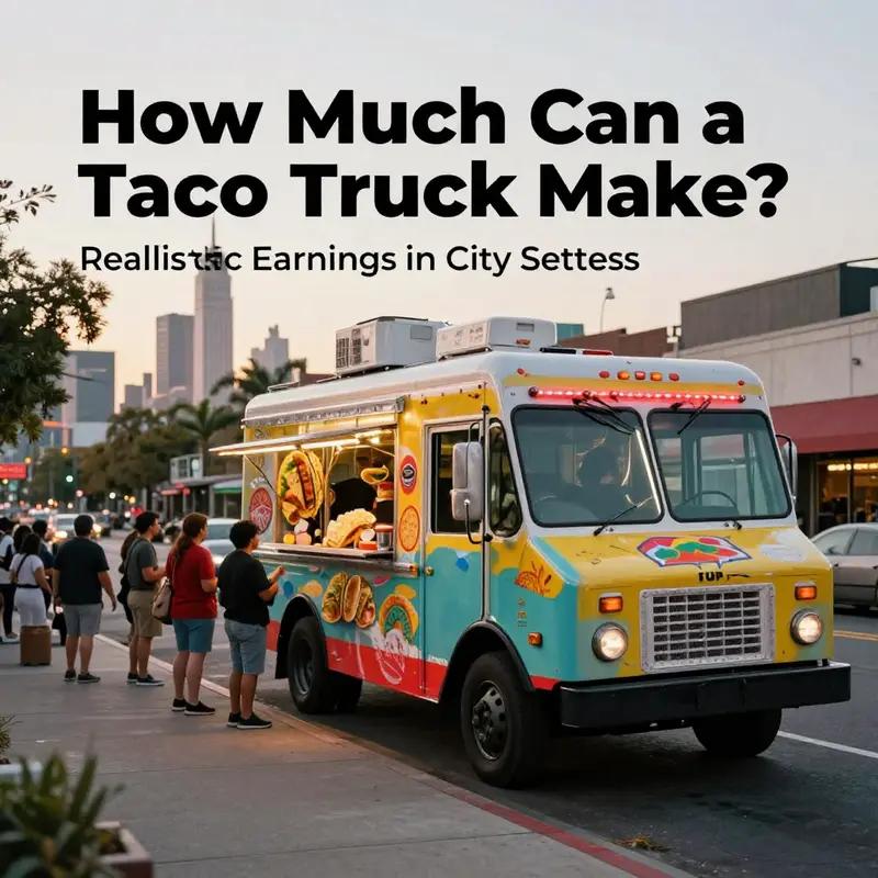 A taco truck drawing a steady, diverse crowd in a high-traffic urban setting.