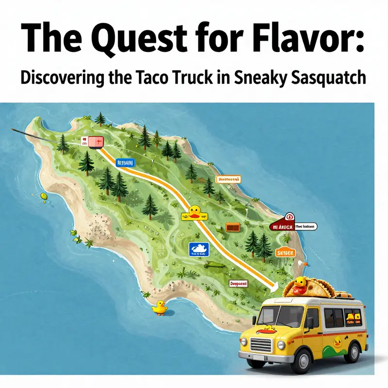 The tranquil setting of Rich Uncle Duck Island, highlighting the taco truck’s proximity to the inviting pond.