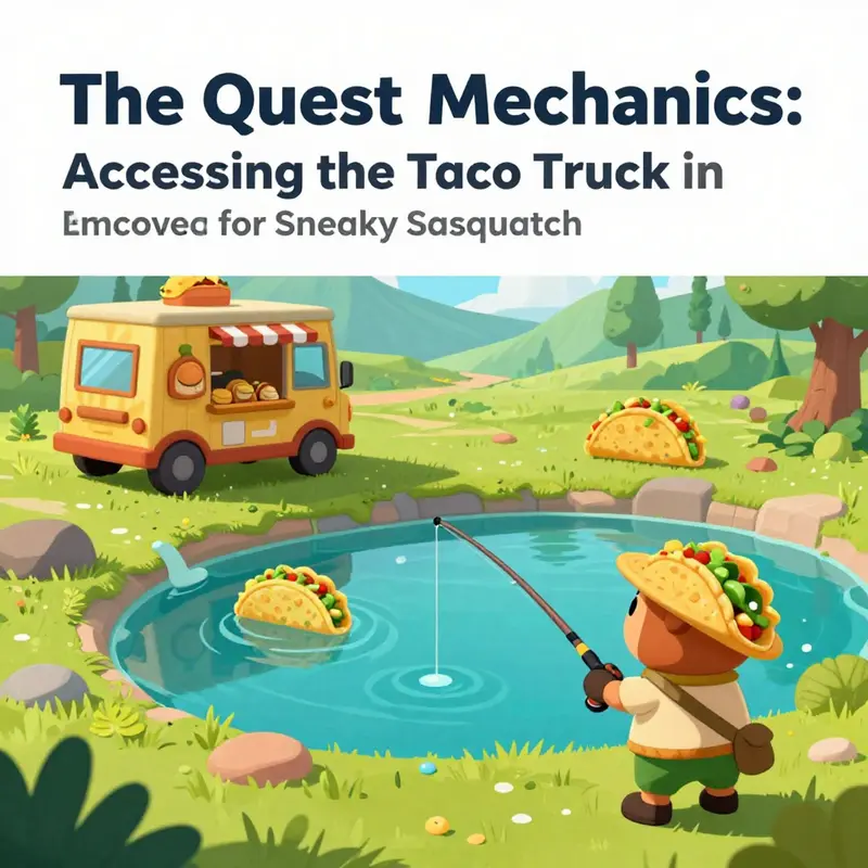 The tranquil setting of Rich Uncle Duck Island, highlighting the taco truck’s proximity to the inviting pond.