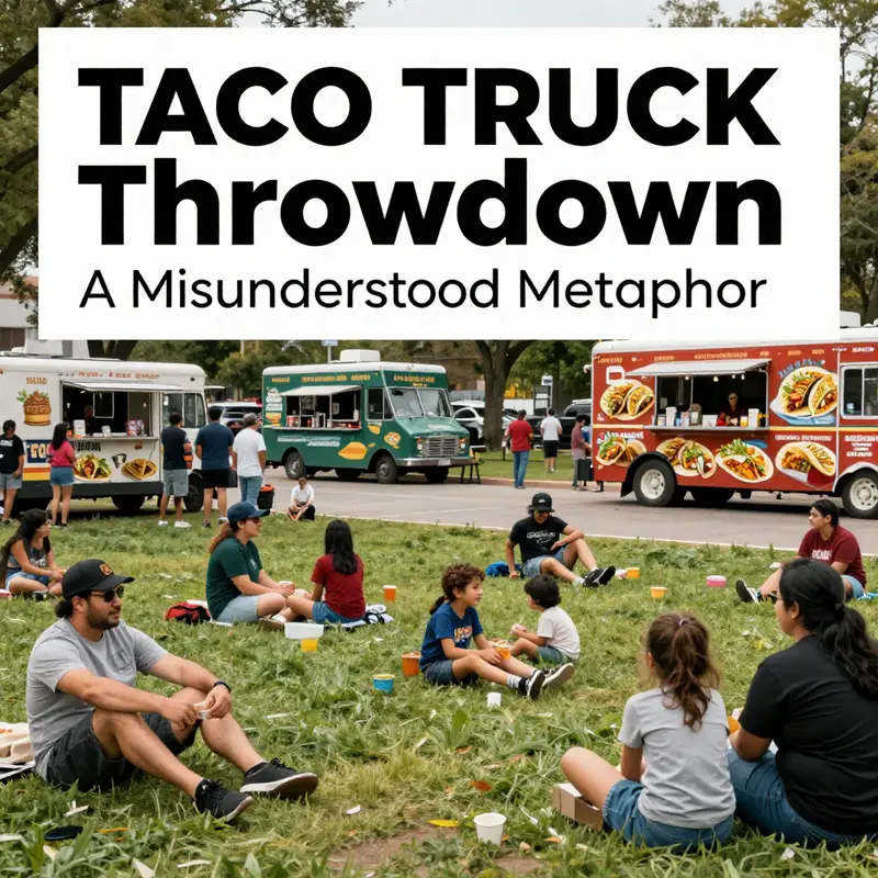 A vibrant urban scene showcasing the cultural climax of taco trucks amidst political discourse.