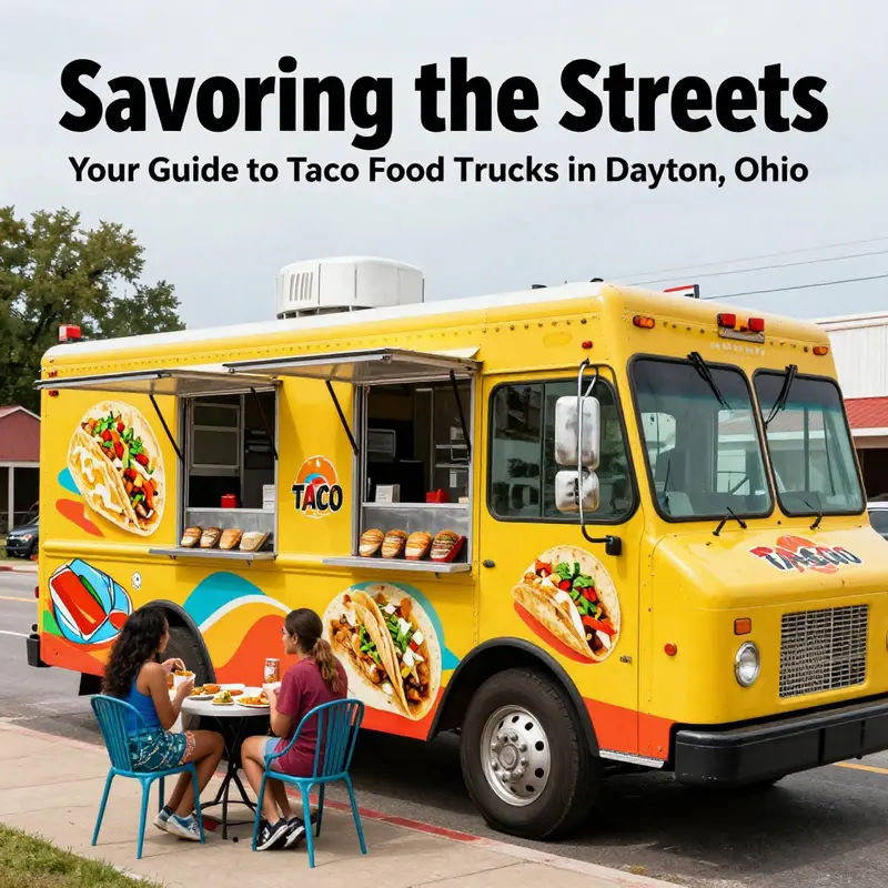 A lively street scene featuring a popular taco food truck in Dayton.