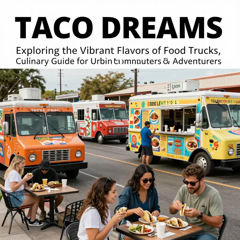 A bustling street scene with multiple taco food trucks, each displaying colorful menus and happy customers enjoying their meals.