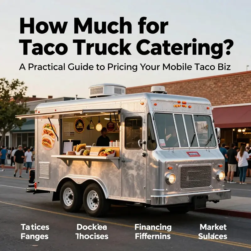 A bustling urban taco trailer during golden hour, highlighting pricing considerations for taco truck catering.