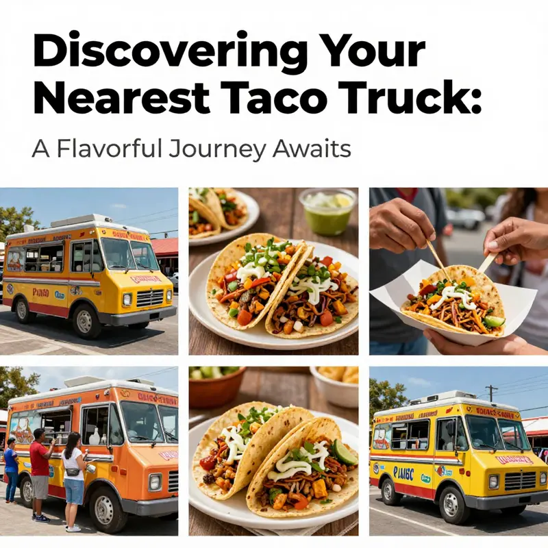 A colorful collage depicting taco trucks and people enjoying street food in an urban setting.