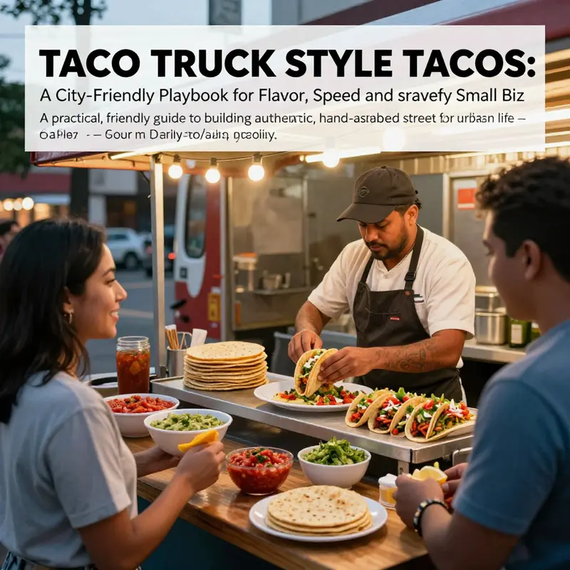 Photo-realistic cover image of a taco truck in an urban setting, with tortillas, salsas, and a cook assembling tacos.