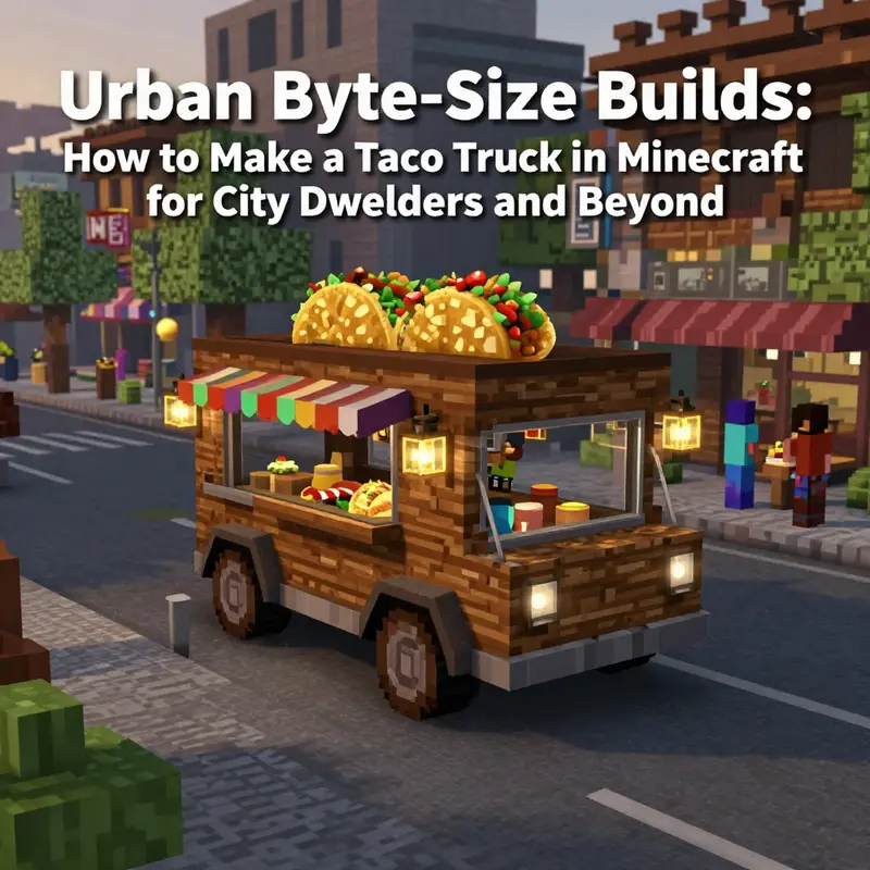 Cover image of a finished Minecraft taco truck on a city street at dusk with customers nearby.