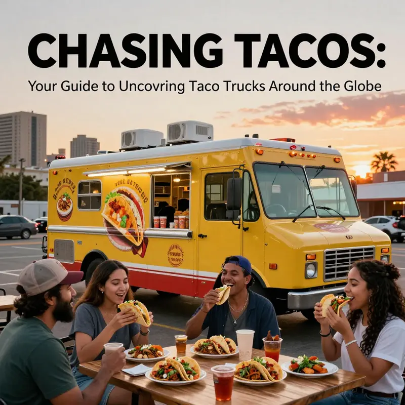 A taco truck serving customers in a bustling urban environment during sunset.