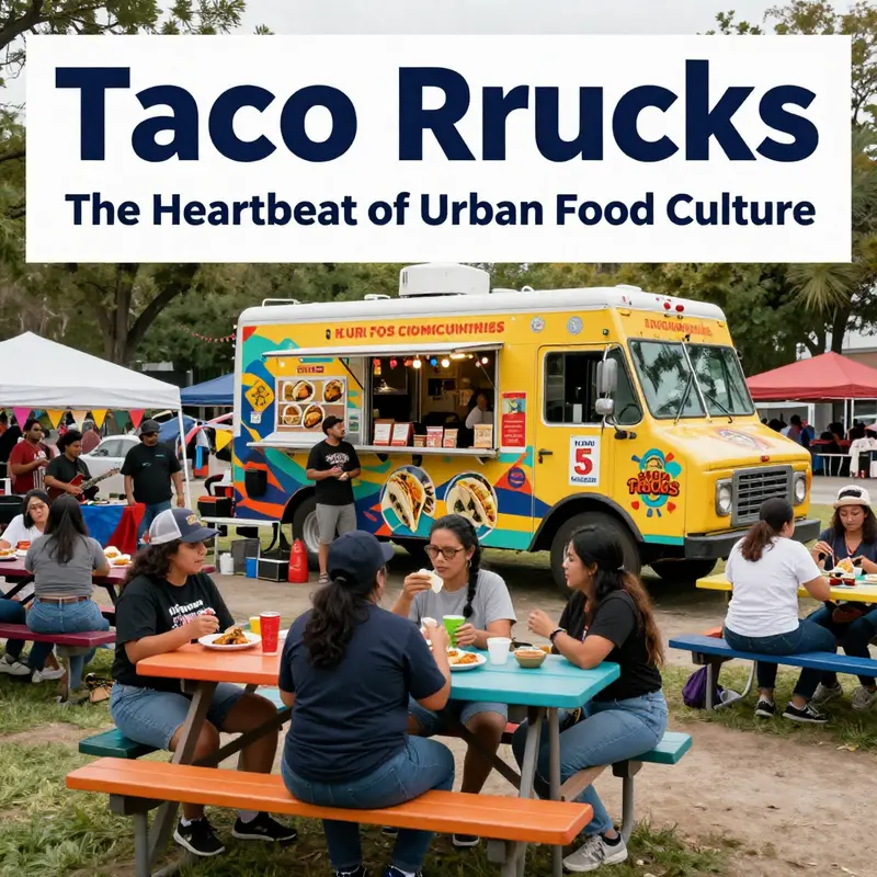 A lively taco truck scene in an urban setting, capturing the essence of mobile culinary culture.
