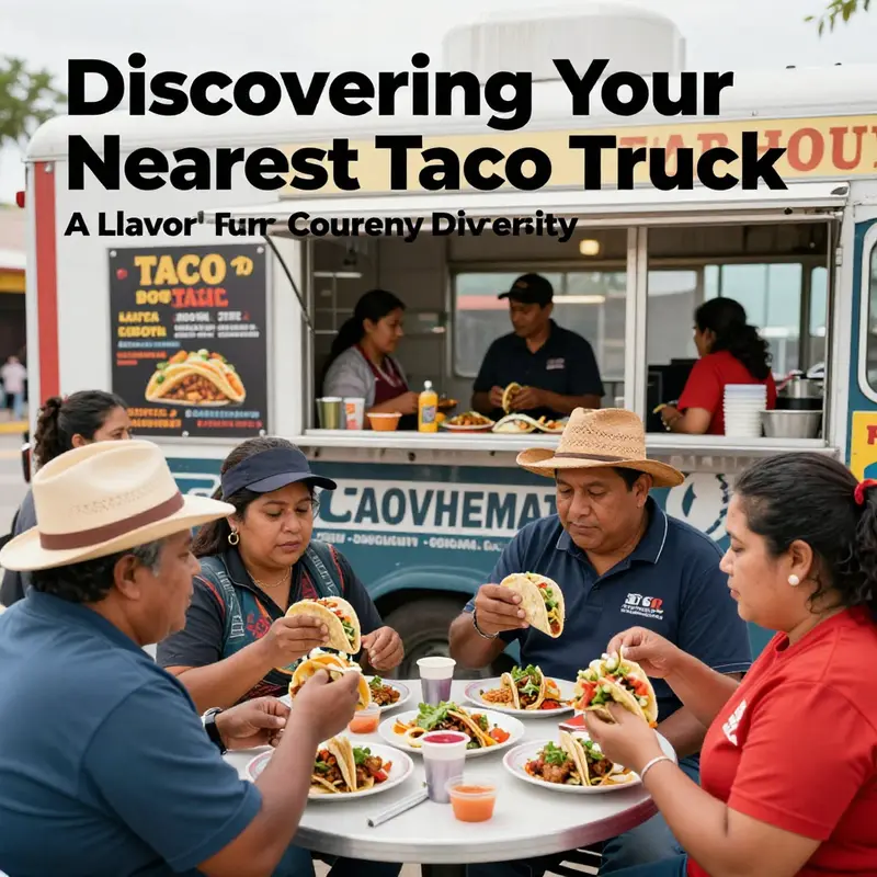 A taco truck bustling with patrons, serving delicious tacos in an urban environment.