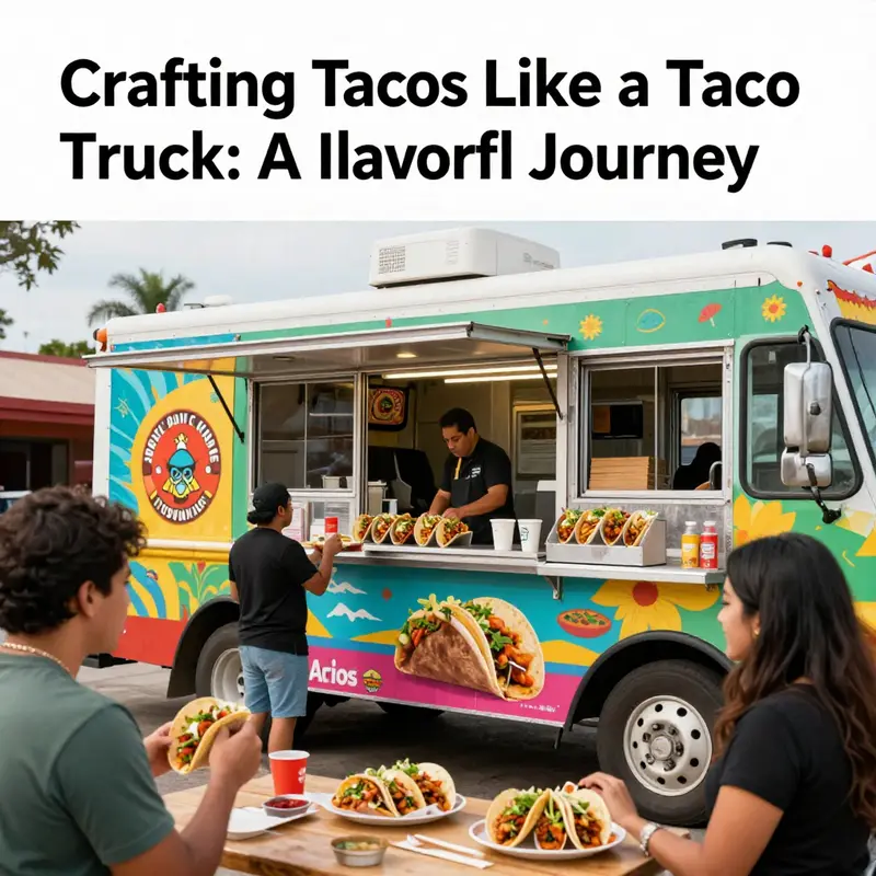 A bustling taco truck with happy customers enjoying delicious tacos.