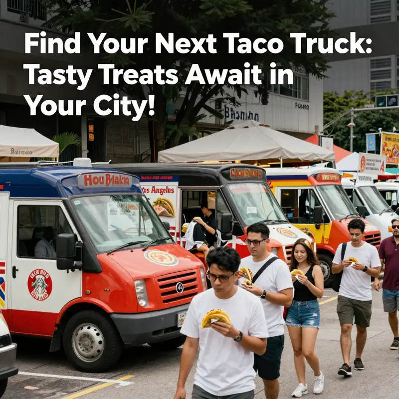 A lively food festival with taco trucks and happy customers enjoying various taco dishes.