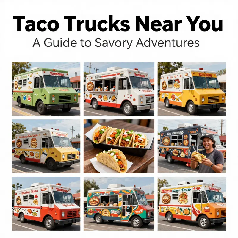 A vibrant collage of various taco trucks and joyful customers enjoying tacos.