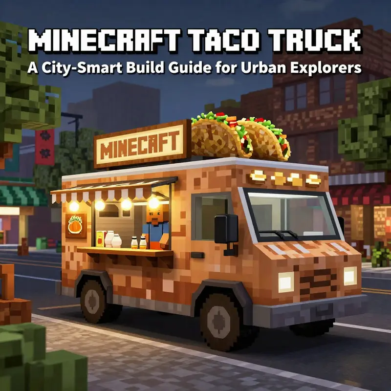 Photo-realistic Minecraft taco truck on a city street with vendor and welcoming lighting.