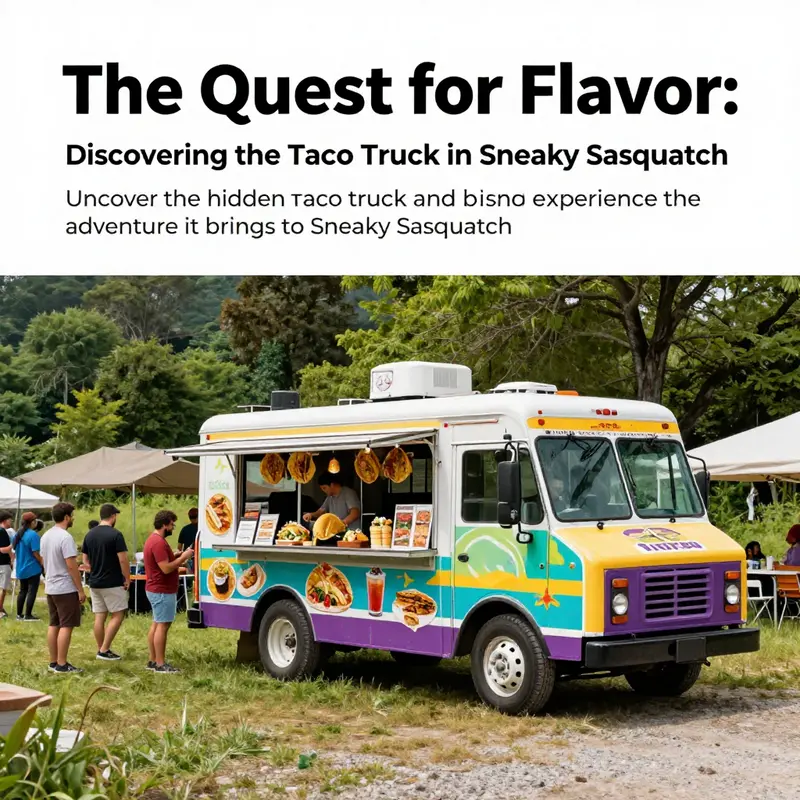A taco truck in Sneaky Sasquatch, surrounded by greenery, with players enjoying tacos.