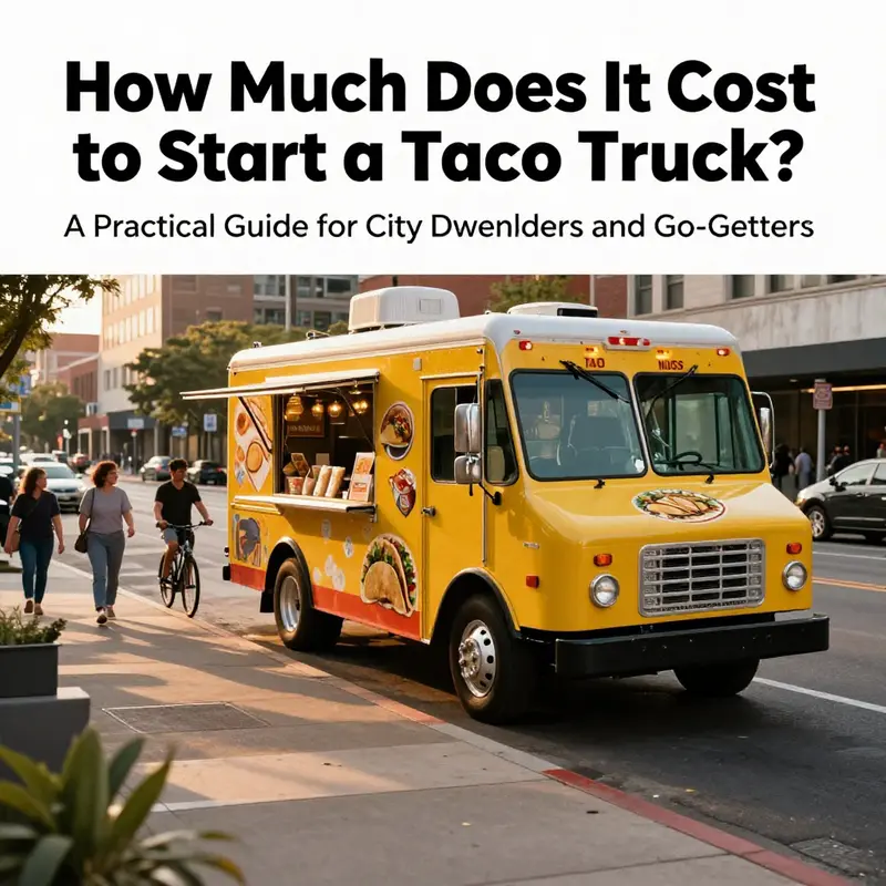 Golden-hour street scene featuring a taco truck ready to roll in a busy urban setting.