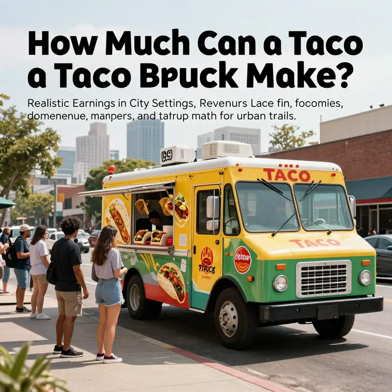 Colorful taco truck serving a steady crowd in a busy city street, with a bright skyline in the background.