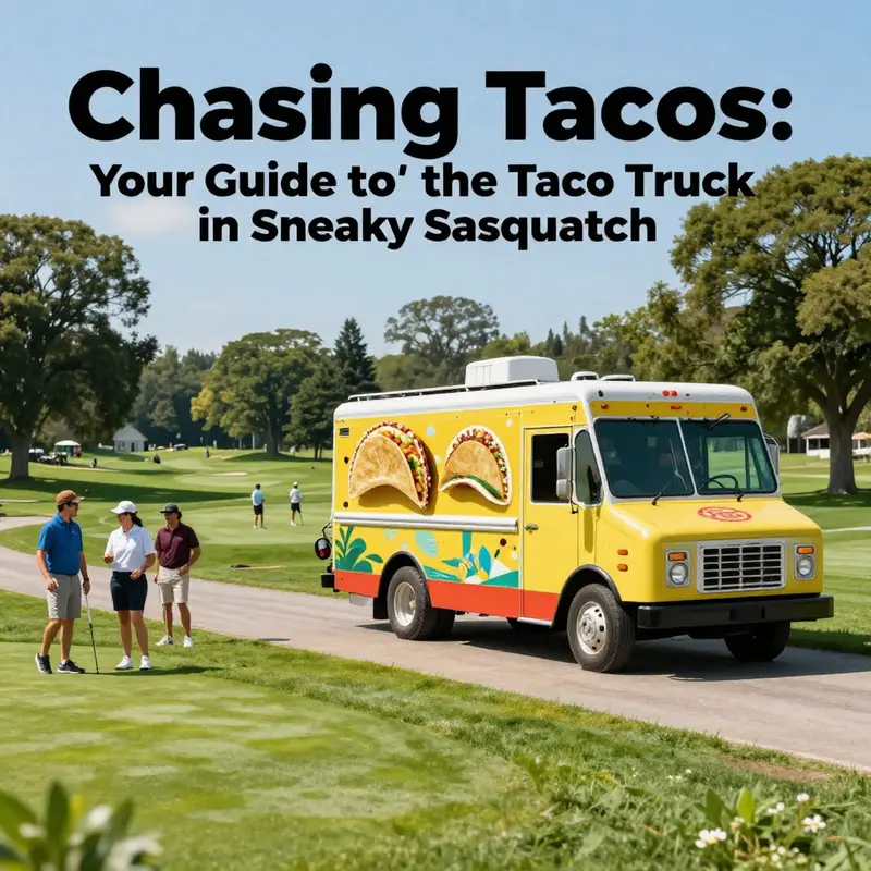 The taco truck in Sneaky Sasquatch set against the backdrop of a golf course and happy players, representing a key location in the game.