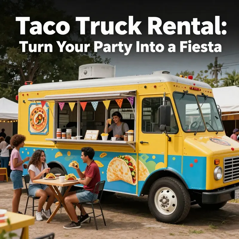 A colorful taco truck catering to a lively outdoor party with guests enjoying their meals.