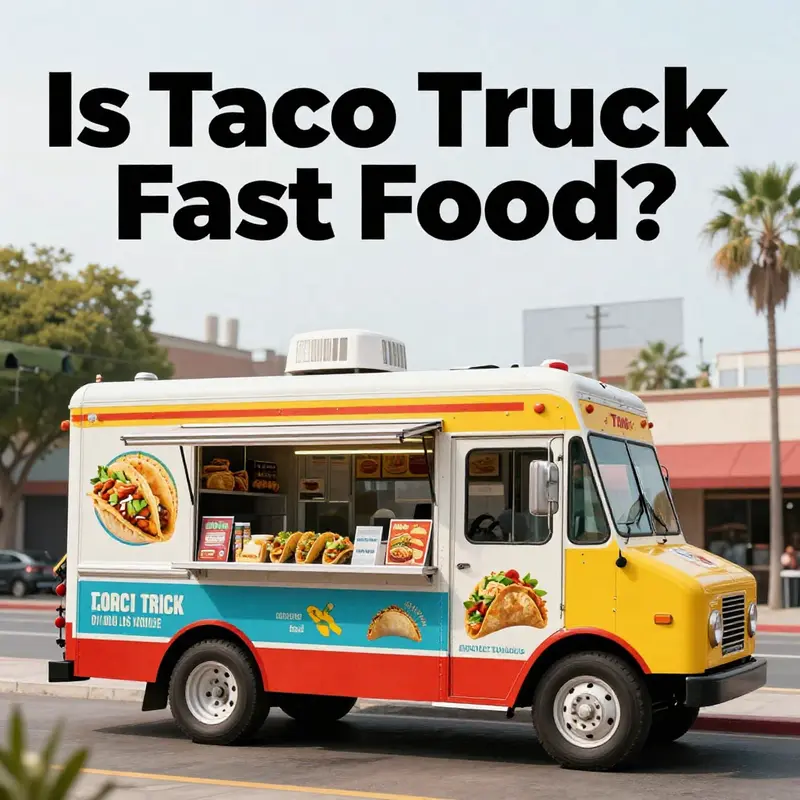 A taco truck parked in a lively urban area, surrounded by buildings and greenery.
