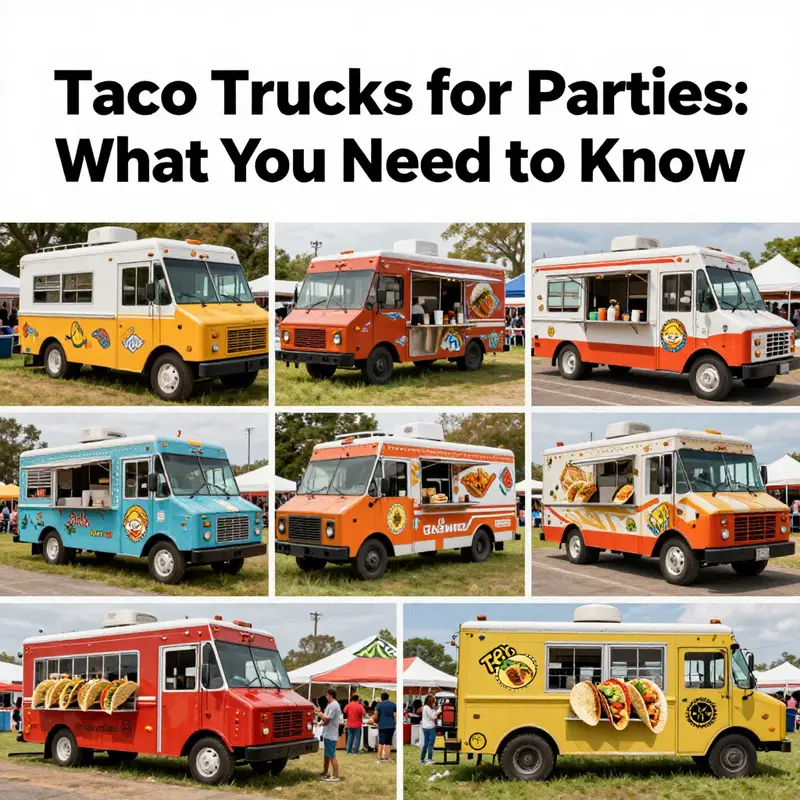 A vibrant collage of new and used taco trucks at events with happy patrons enjoying delicious tacos.