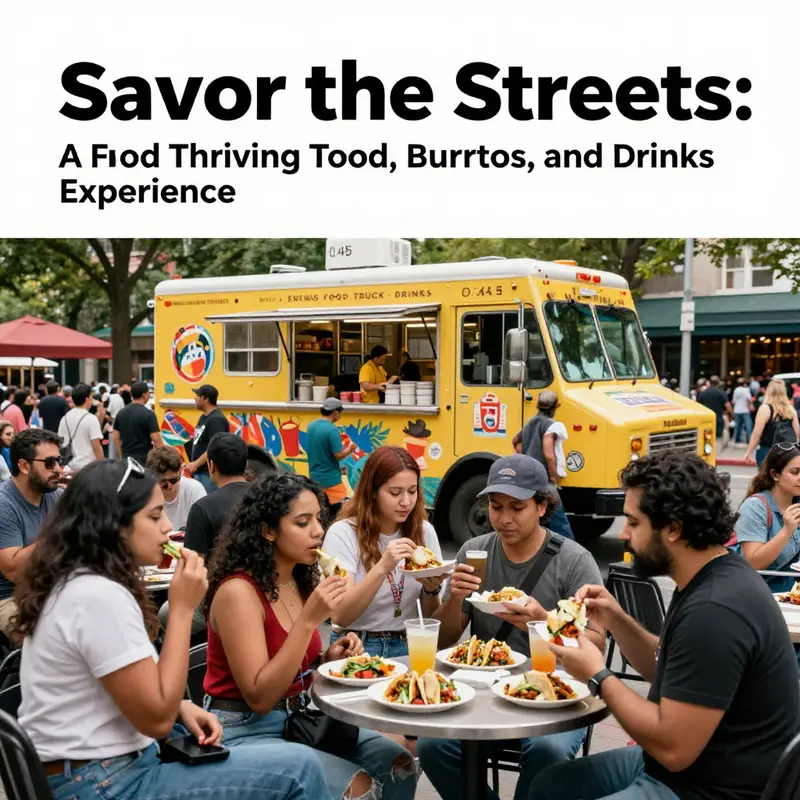 Urban commuters enjoying delicious tacos and burritos from a busy food truck.