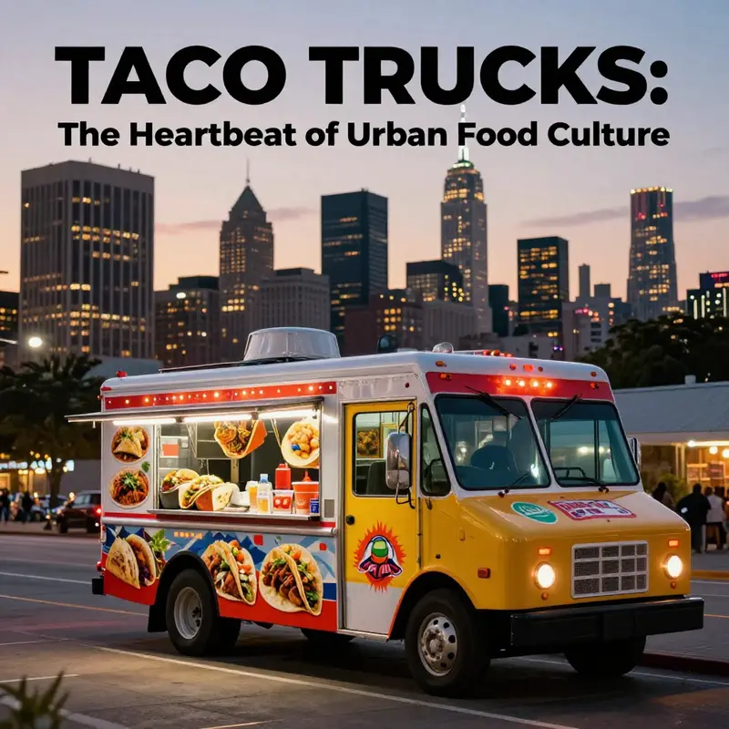 A taco truck in front of a city skyline at sunset, embodying urban street food culture.